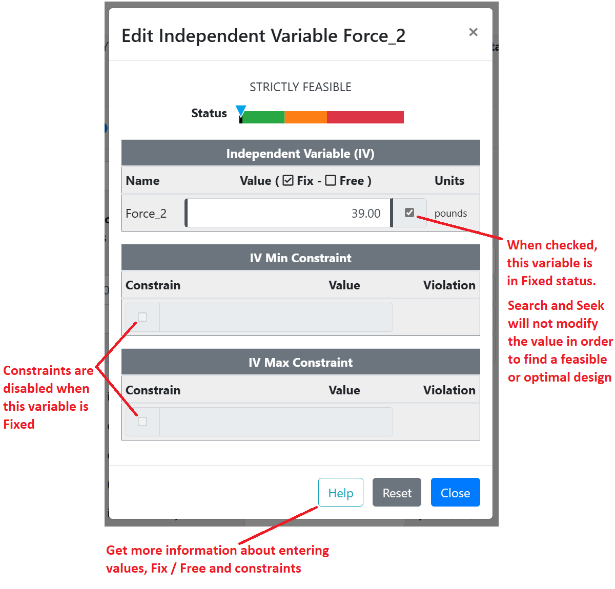 Fixed independent variable value input dialog box