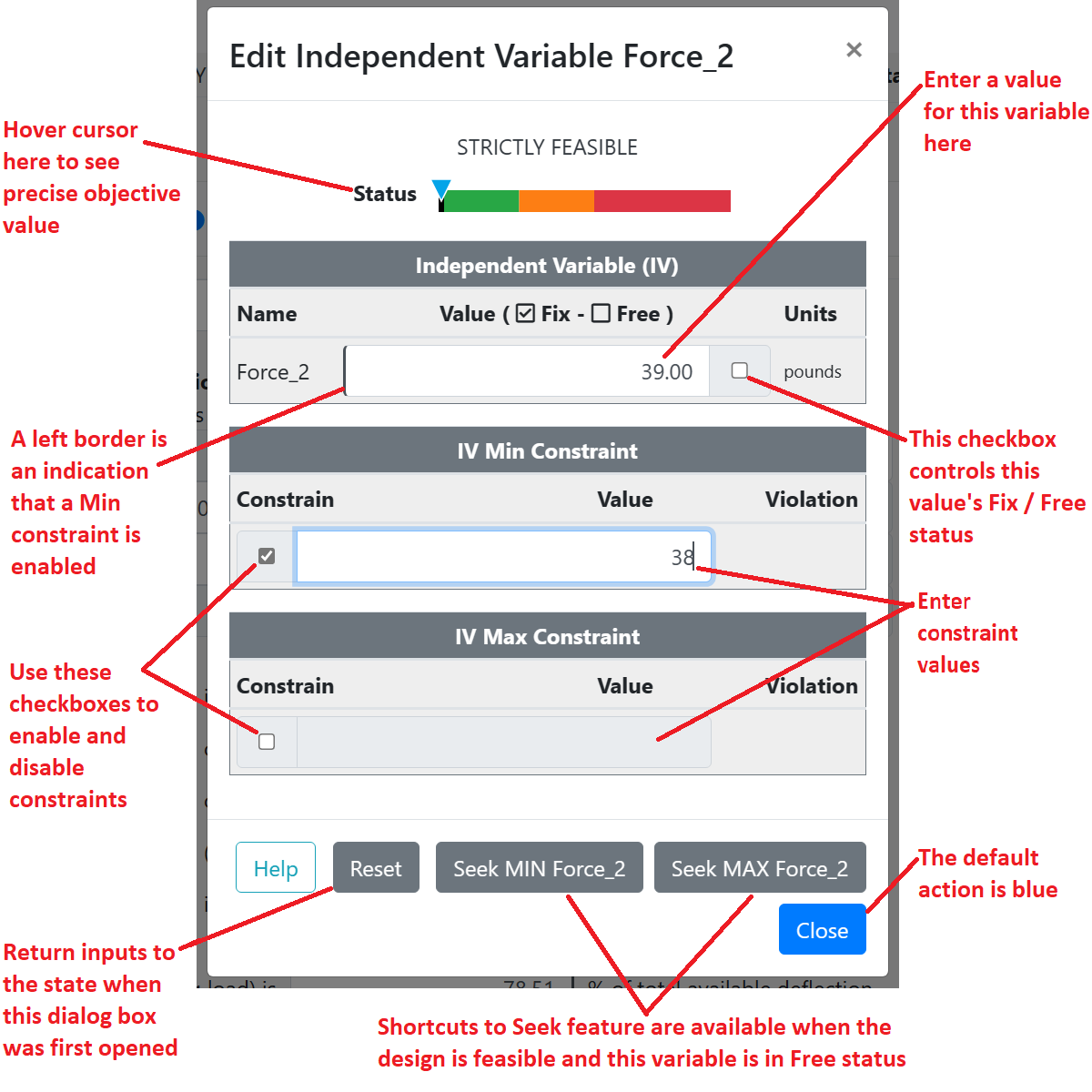 Free independent variable value input dialog box