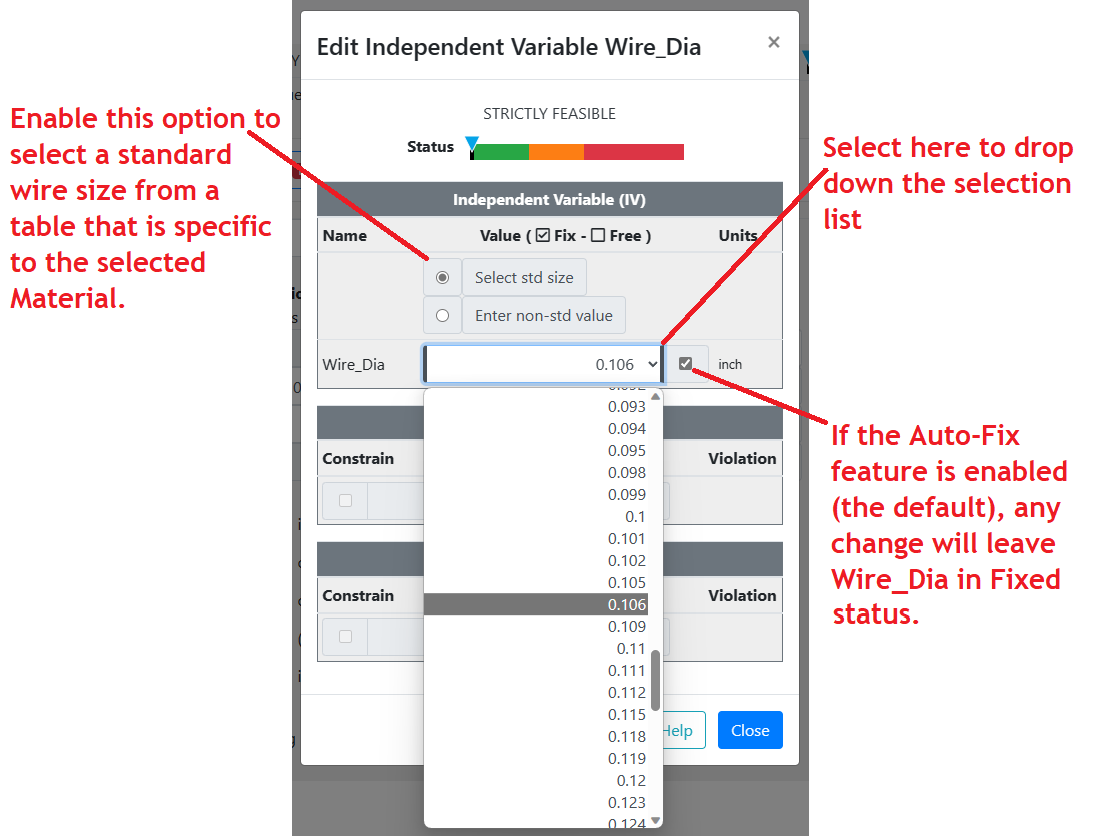 Input or edit of standard values for Wire_Dia
